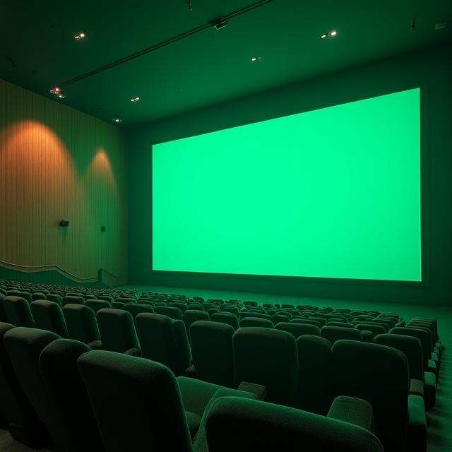 A moody, minimalist Dutch cinema interior with soft green lighting